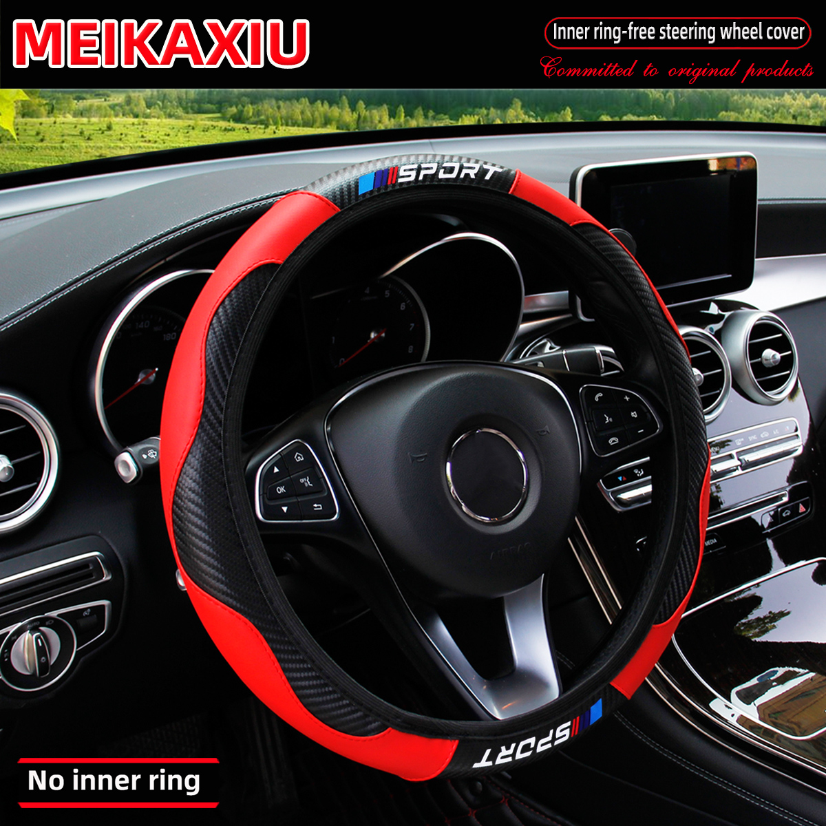 Carbon Fiber Leather Sport Steering Wheel Cover Rimless Universal Fit for 14.5-15 Inch Car Steering Wheels Decorative Accessory