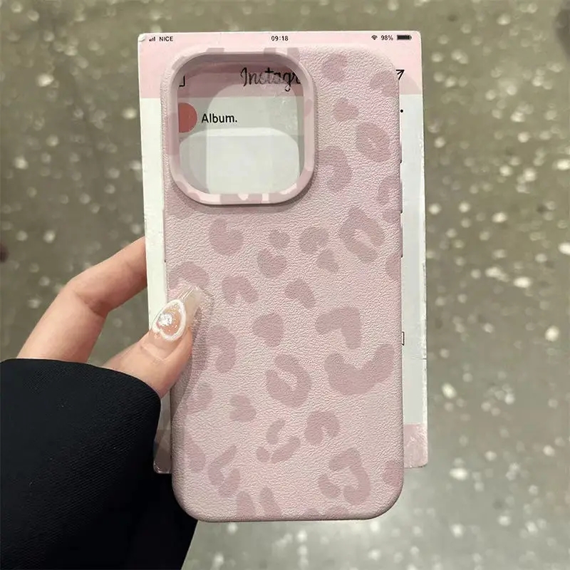 For IPhone 17 16 15 14 13 12 11 Pro Max Case Pink Leopard Print Lichee Pattern Silicone Cover for IPhone XS X XR 16 Plus Fundas
