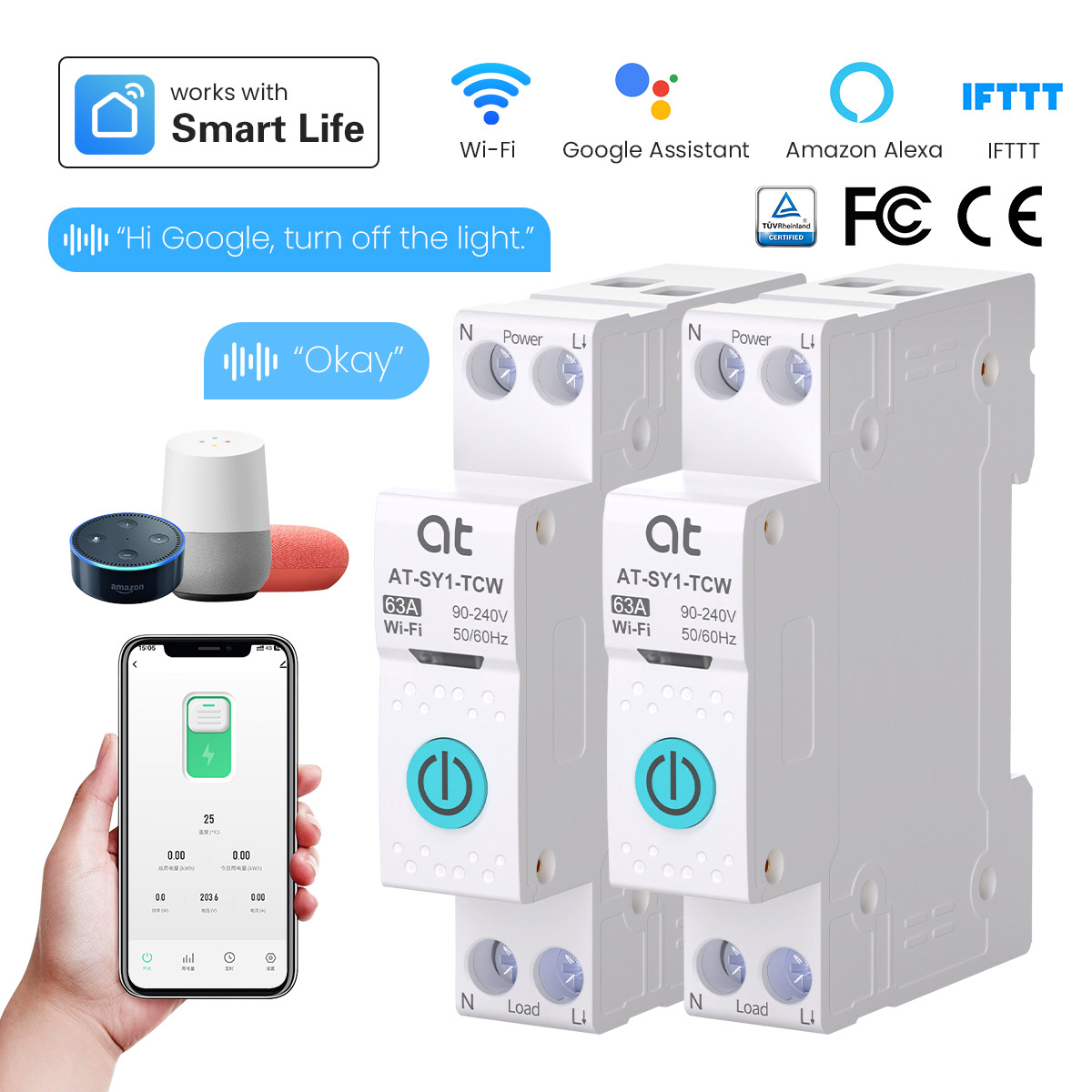 Tuya WiFi Smart Circuit Breaker 1P+N MCB 63A Timer Power Energy kWh Voltage Current Meter Protector Voice Remote Control Switch