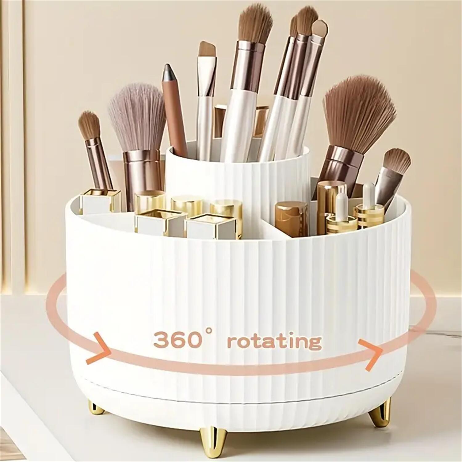 360ยฐ Rotating Makeup Organizer - 1pc Plastic Cosmetic Storage with 5 Compartments - Multi-Functional Holder for Brushes