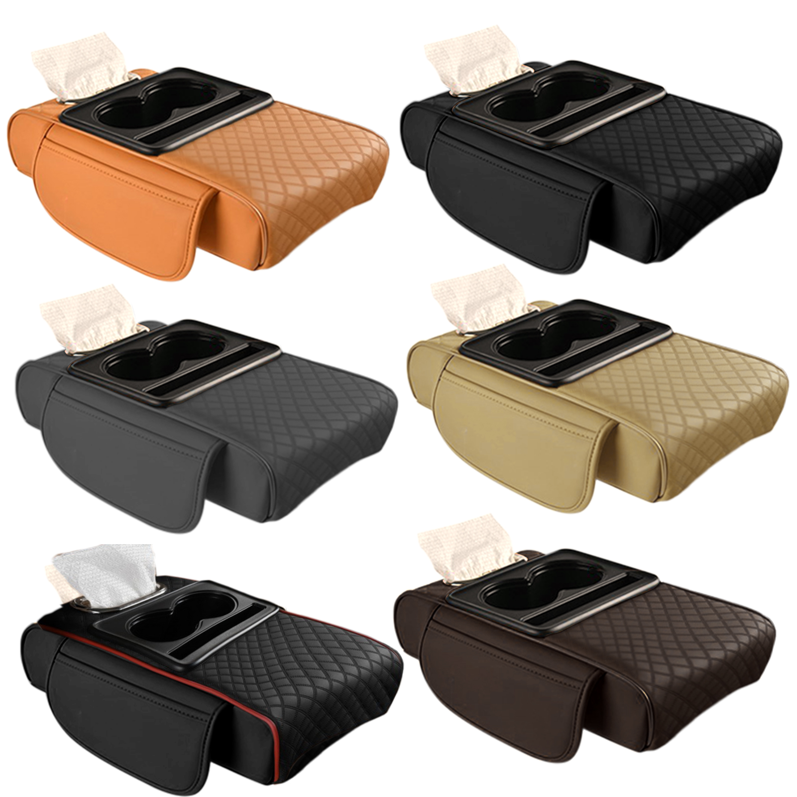 Car Armrest Box Heightening Cushion With Cup Holder Tissue Box Side Storage Pocket For Auto Interior Arm Rest Cover Height Pad