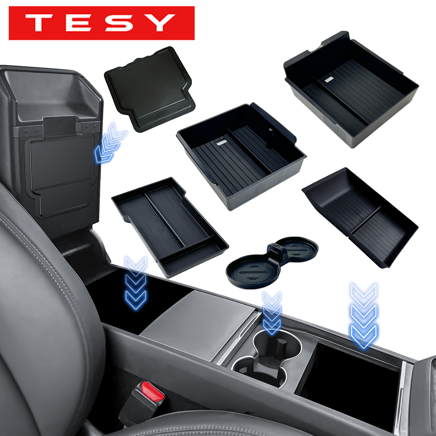TESY Console & Armrest Storage Box For Tesla New Model YL Y Juniper Launch ABS Silicone Non-slip Mat Upper and Lower Watercup