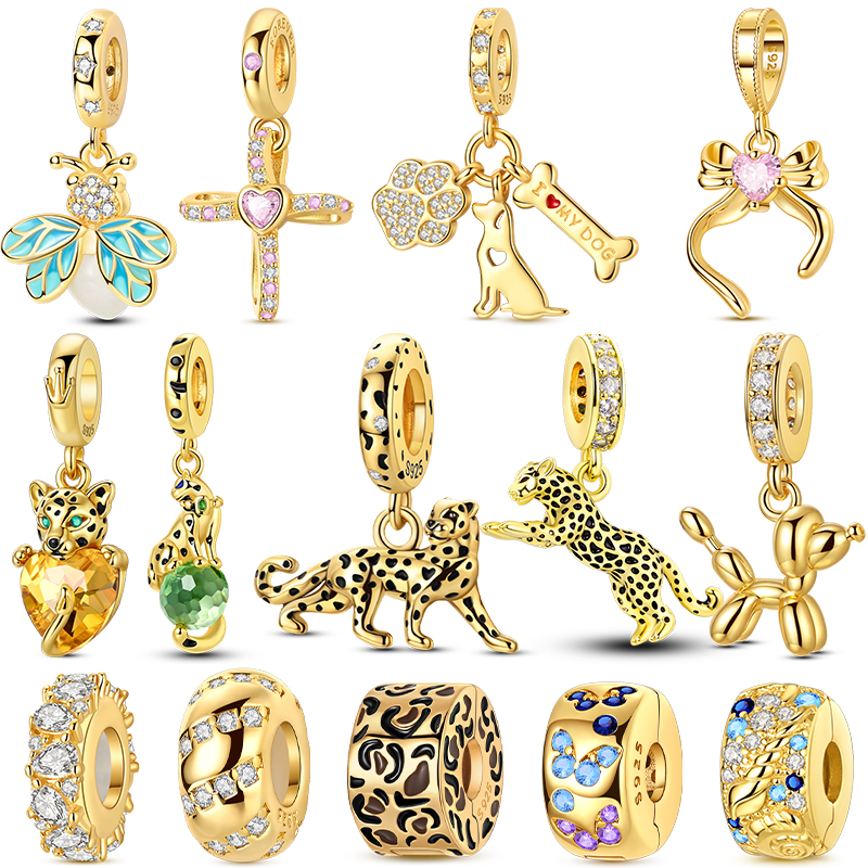 Original 925 Sterling Silver Gold Series DIY Charms Beads Inlaid Zirconium Sun Leopard Pendants Fit Bracelet DIY Jewelry Making